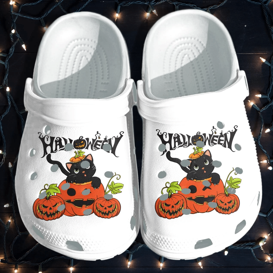 Lovely Cat In A Pumpkin Shoes Clog - Halloween Crocs Crocband Clog Birthday Gift For Boy Girl.png