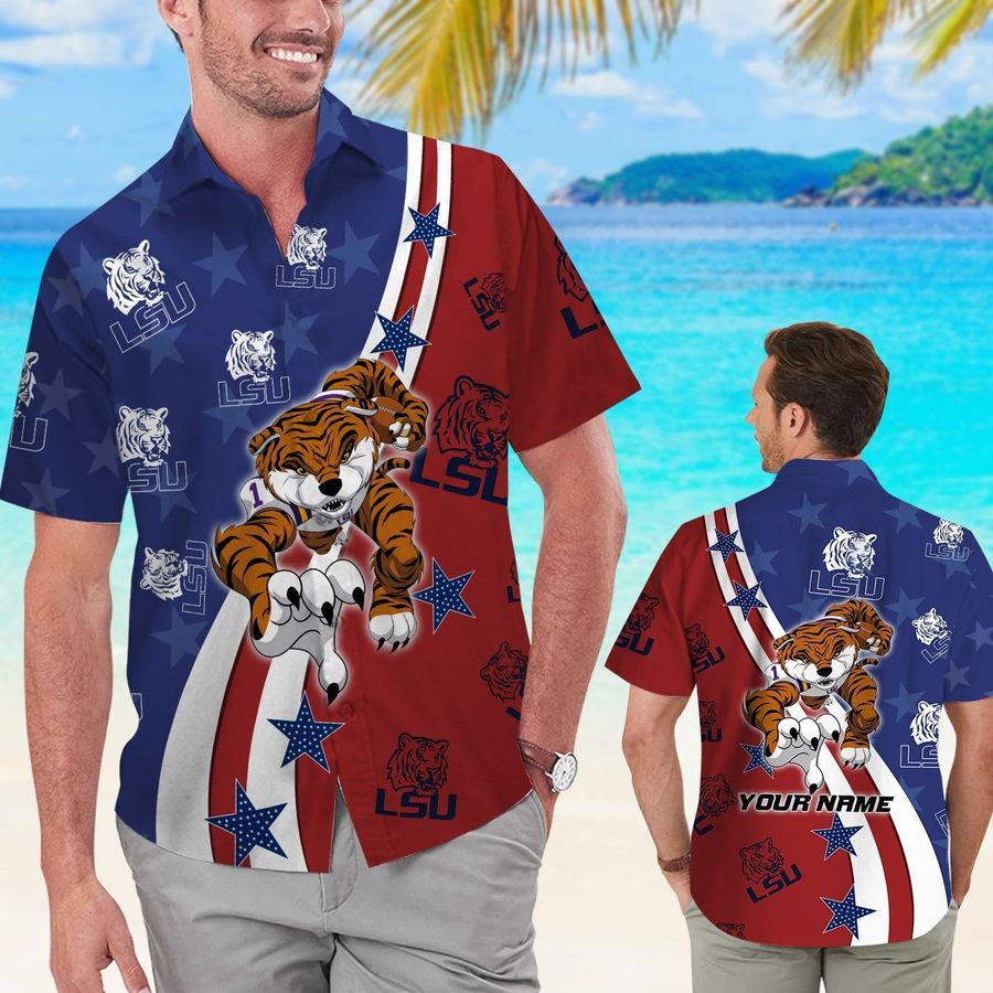 Lsu Tigers American Flag Custom Name Men Women Short Sleeve Button Up Tropical Aloha Hawaiian Shirts For Men Women Louisiana State University