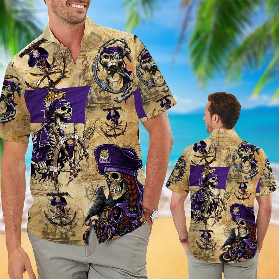 Lsu Tigers Pirates Aloha Hawaiian Button Up Shirt Retro Vintage Style Full Size For Sale