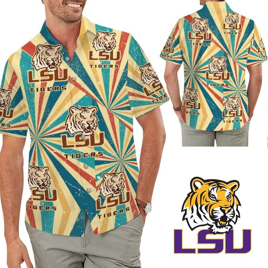 Lsu Tigers Retro Vintage Style Short Sleeve Button Up Tropical Aloha Hawaiian Shirts For Men Women For Trumpeters On Beach Summer Vacation Louisiana State University
