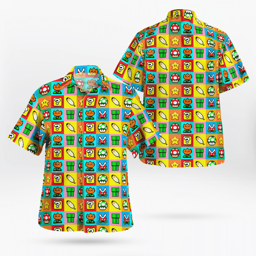 Mario game mushroom and flower Hawaiian Shirt.png