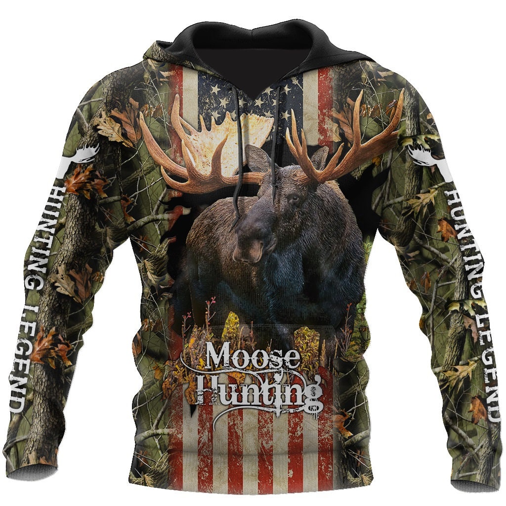 Men's 3D Hoodie, Stranger Hoodie, Moose Hunting USA Flag 3D All Over Print Pullover Hoodie
