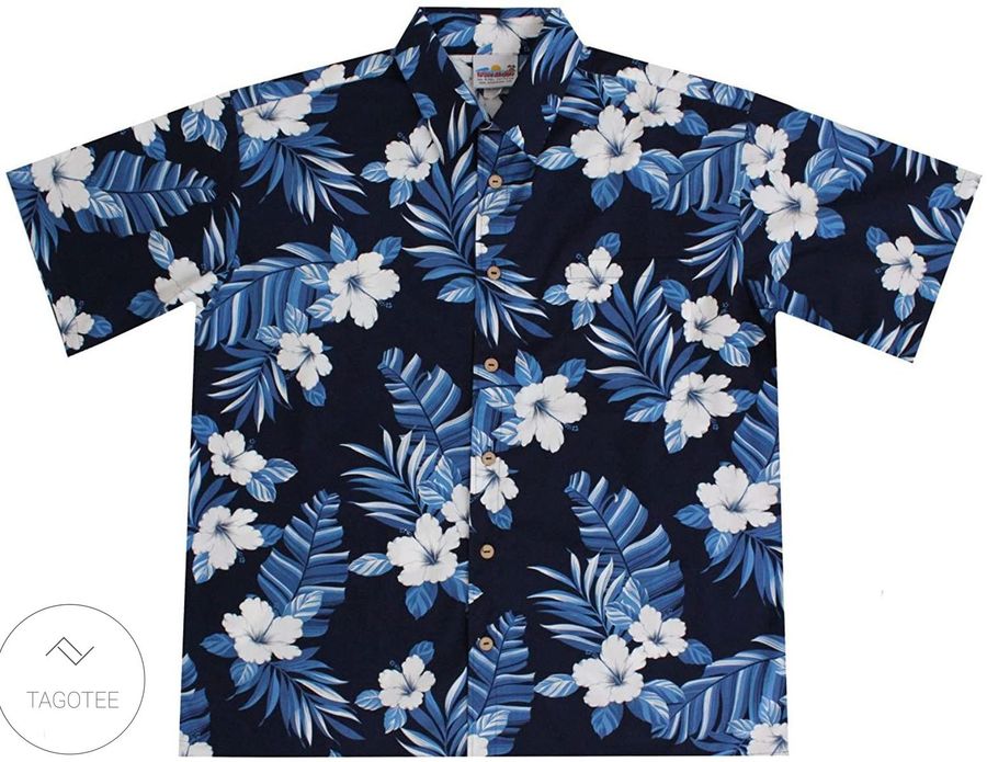 Mens Navy Blue Hawaiian Shirts With Hibiscus Flowers