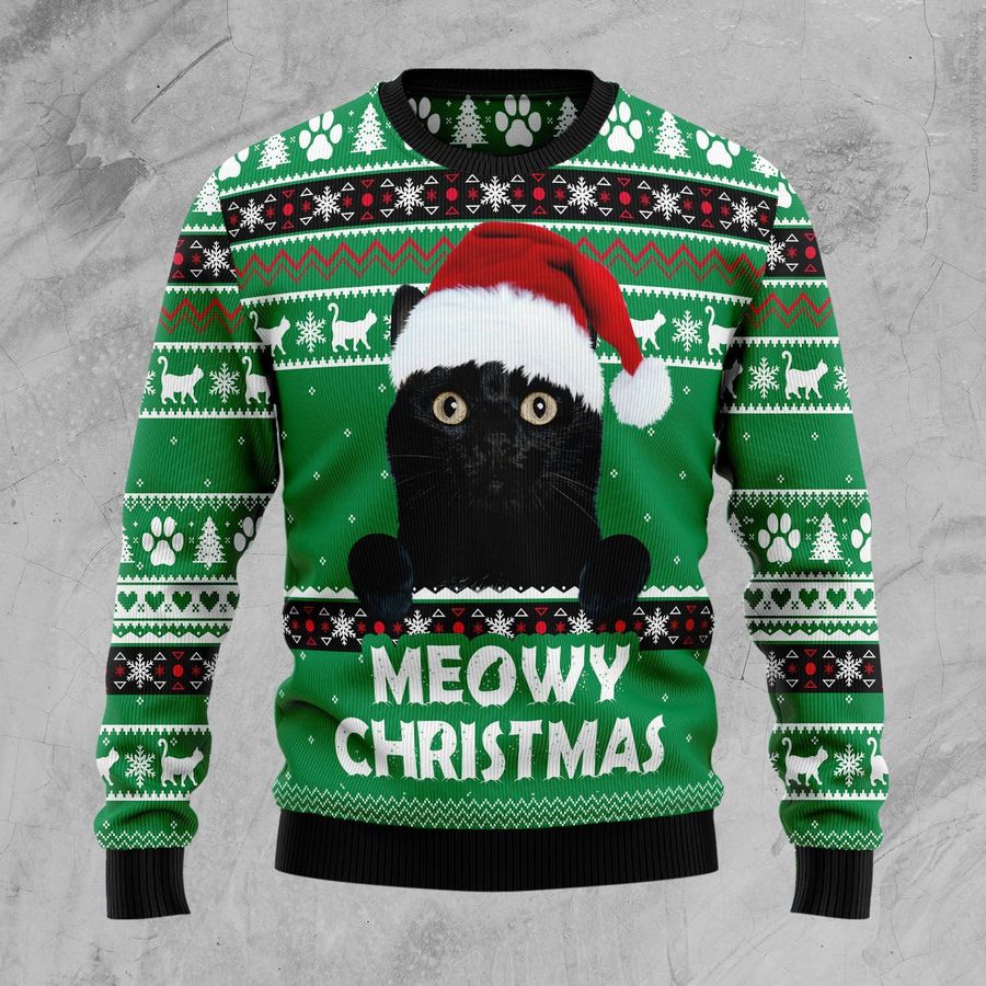 Meowy Black Cat Ugly Christmas Sweater All Over Print Sweatshirt