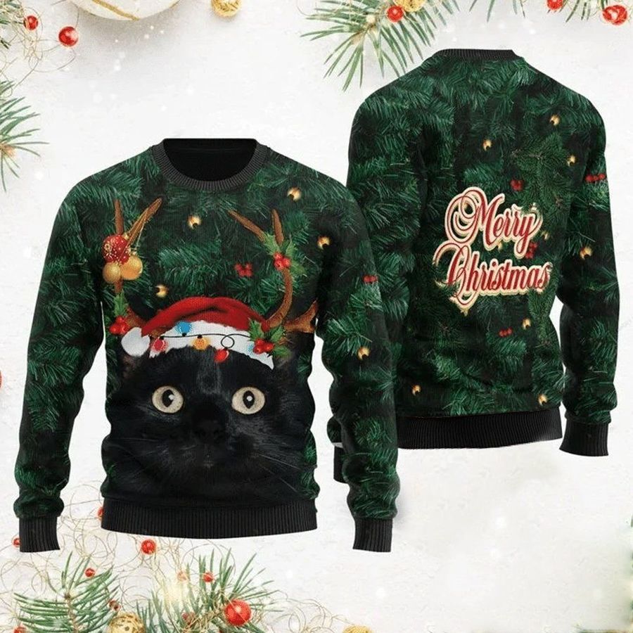 Merry Christmas Black Cat in pine tree Christmas Sweater
