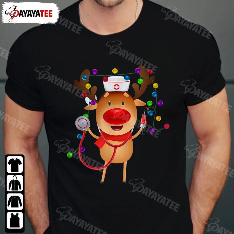 Merry Christmas Nurse Shirt Funny Reindeer With Nurse Hat And Led Light