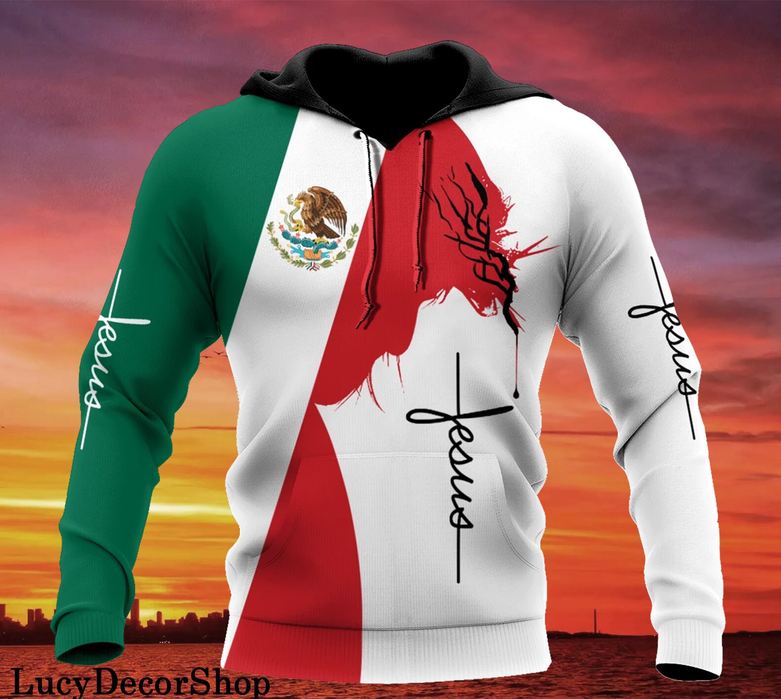 Mexico Christian Jesus All Over Printed Hoodie For Men And Women- Mexican Flag Design Pullover Zipped Jacket Unisex S-5XL
