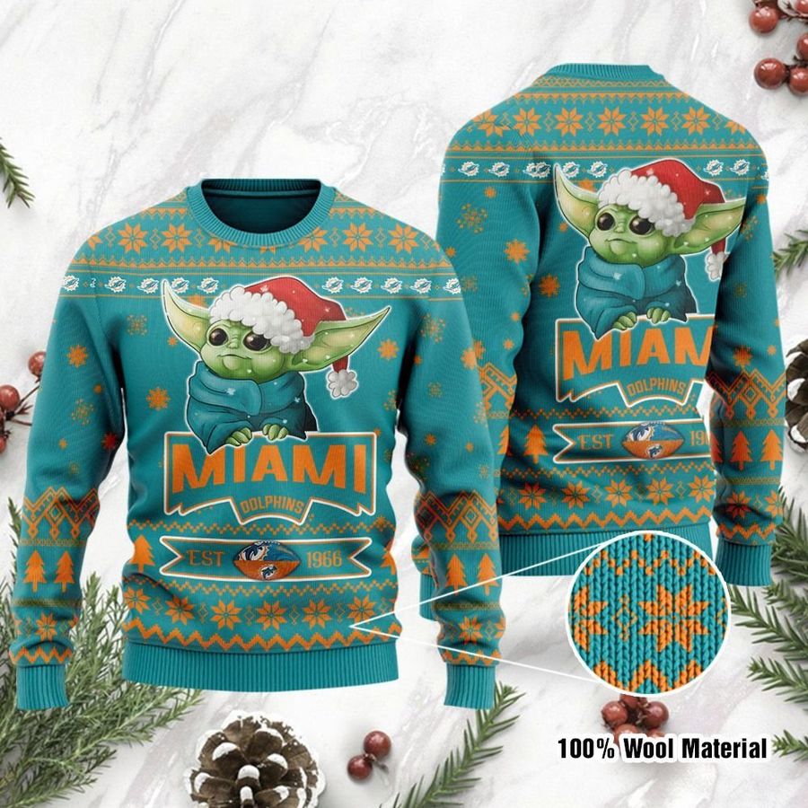 Miami Dolphins Cute Baby Yoda Grogu Holiday Party Ugly Christmas Sweater, Ugly Sweater, Christmas Sweaters, Hoodie, Sweatshirt, Sweater