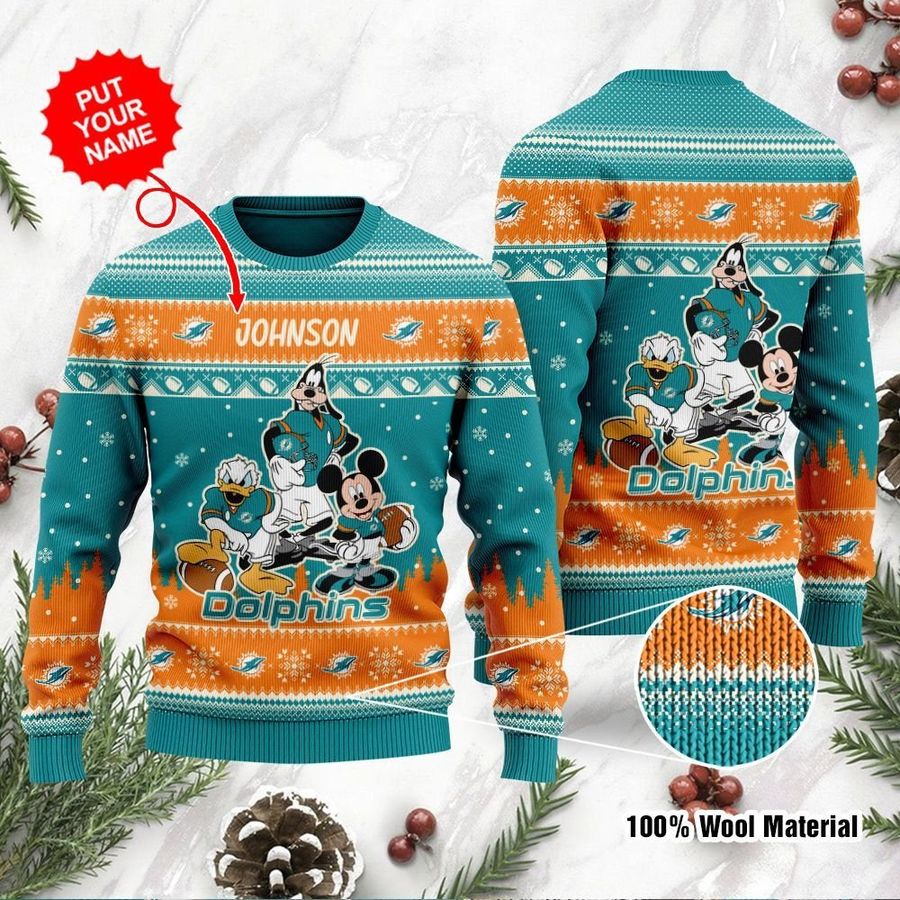 Miami Dolphins Disney Donald Duck Mickey Mouse Goofy Personalized Ugly Christmas Sweater, Christmas Sweaters, Hoodie, Sweatshirt, Sweater