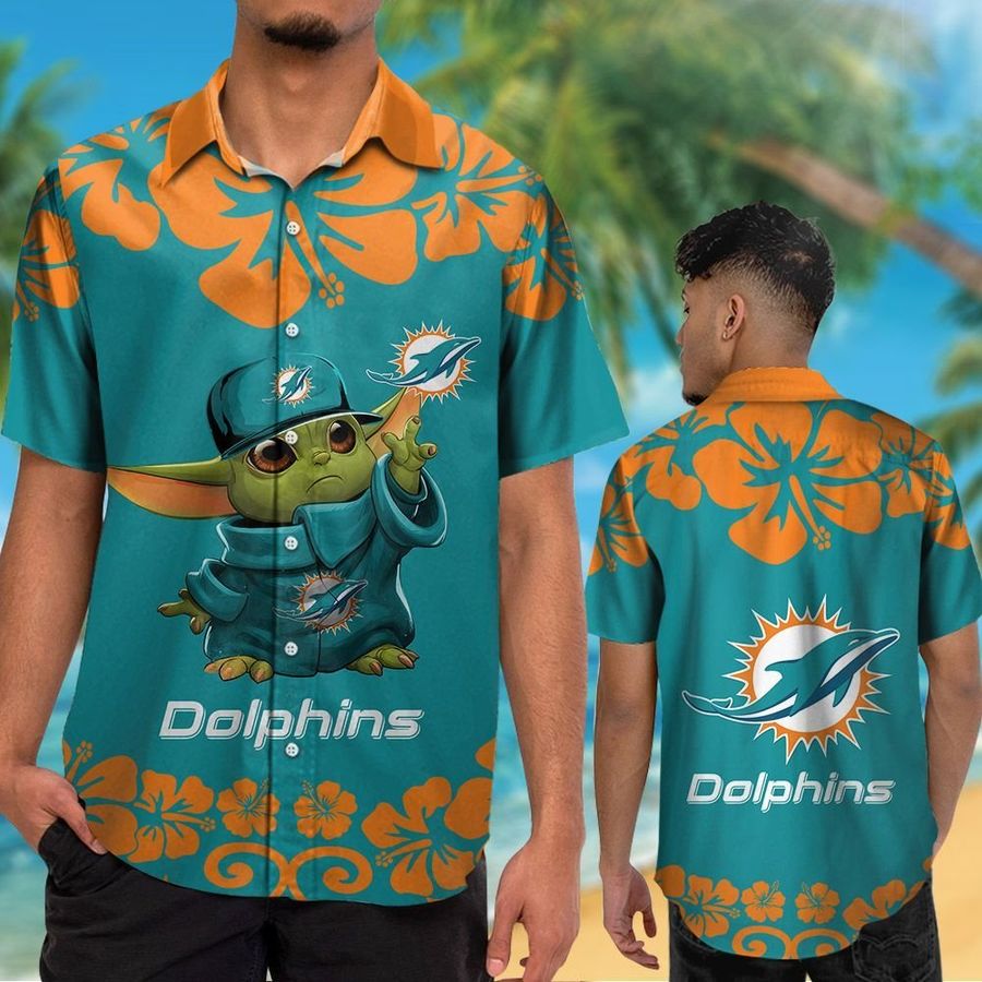 Miami Dolphins Hawaiian Shirt Baby Yoda Short Sleeve Button Up Tropical Aloha
