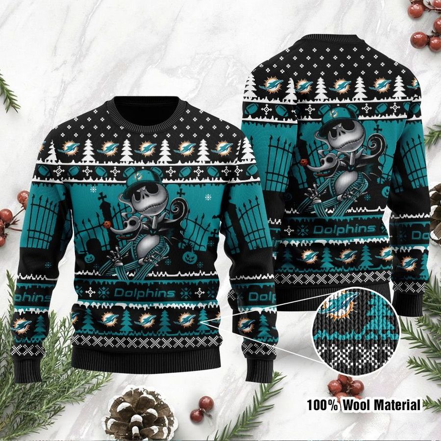 Miami Dolphins Jack Skellington Halloween Holiday Party Ugly Christmas Sweater, Ugly Sweater, Christmas Sweaters, Hoodie, Sweatshirt, Sweater
