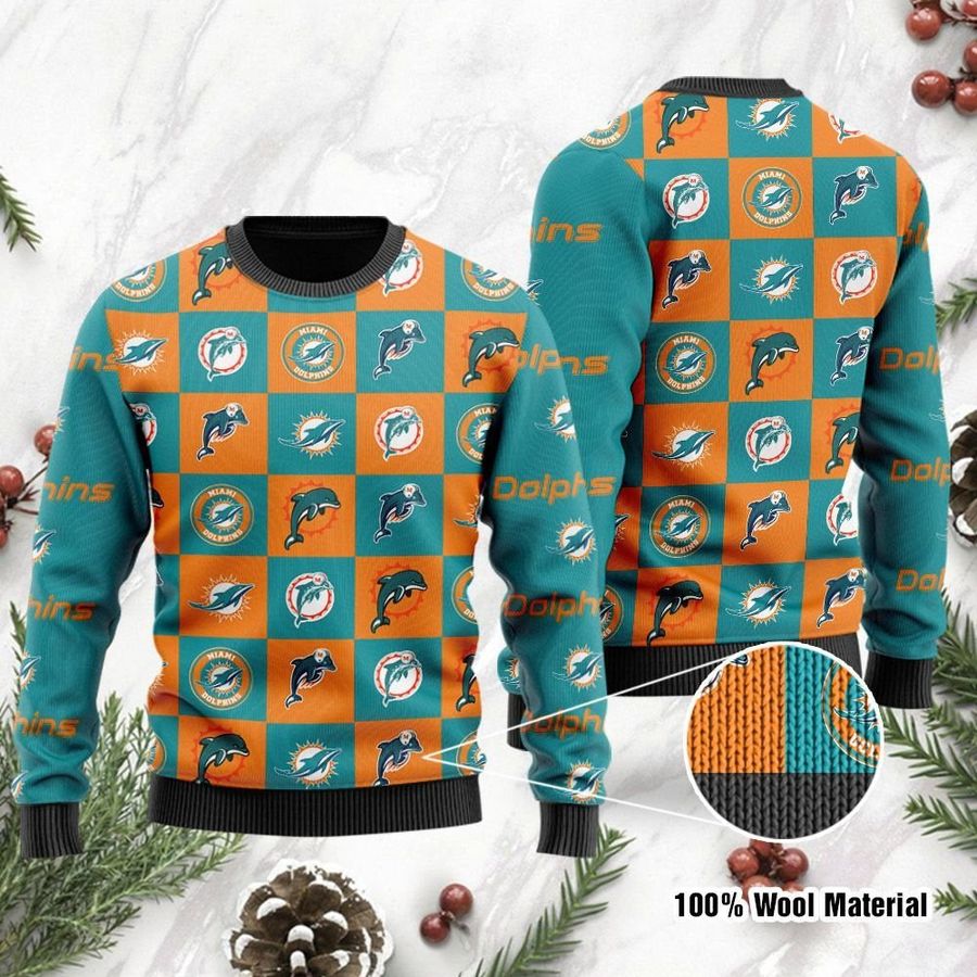 Miami Dolphins Logo Checkered Flannel Ugly Christmas Sweater Ugly Sweater