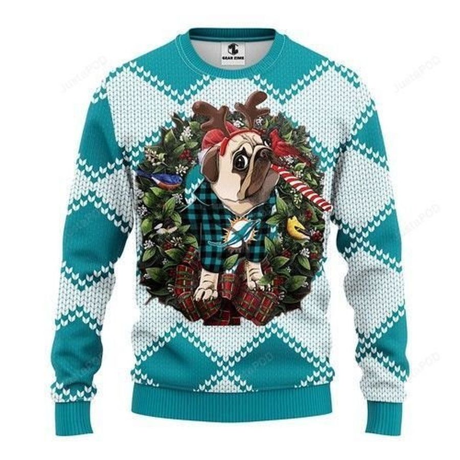 Miami Dolphins Pug Dog Ugly Christmas Sweater All Over Print