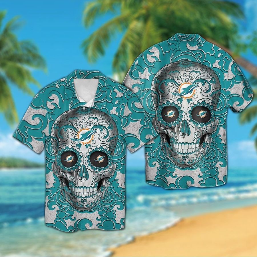 Miami Dolphins Sugarskull Short Sleeve Button Up Tropical Aloha Hawaiian Shirts For Men Women