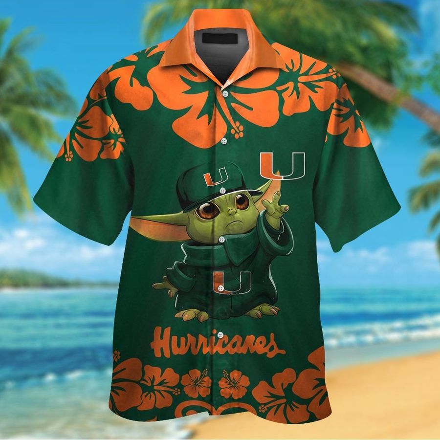 Miami Hurricanes Baby Yoda Short Sleeve Button Up Tropical Aloha Hawaiian Shirts For Men Women