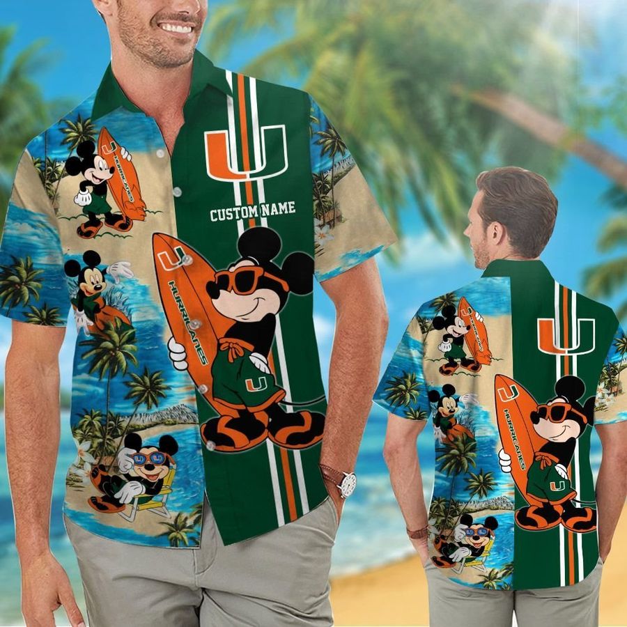 Miami Hurricanes Mickey Custom Name Short Sleeve Button Up Tropical Aloha Hawaiian Shirts For Men Women University Of Miami