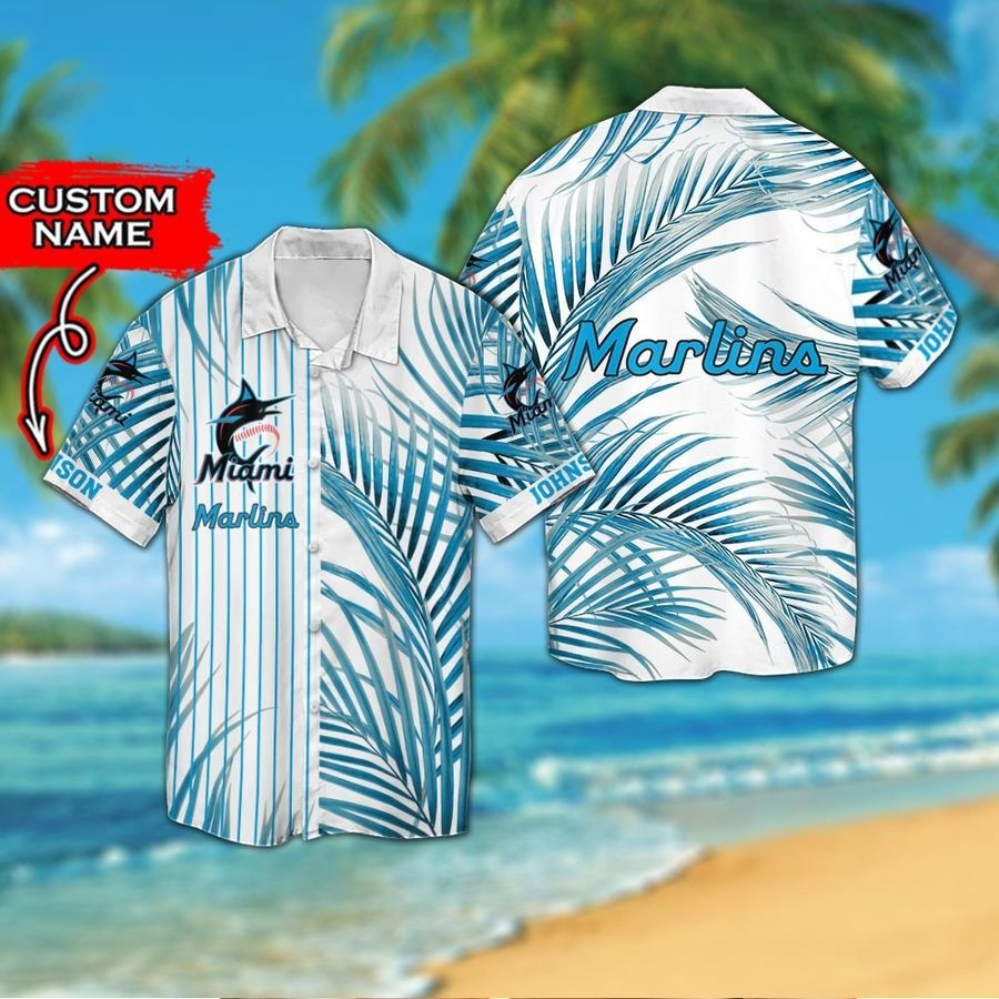 Miami Marlins Custom Personalized Short Sleeve Button Up Tropical Aloha Hawaiian Shirts For Men Women