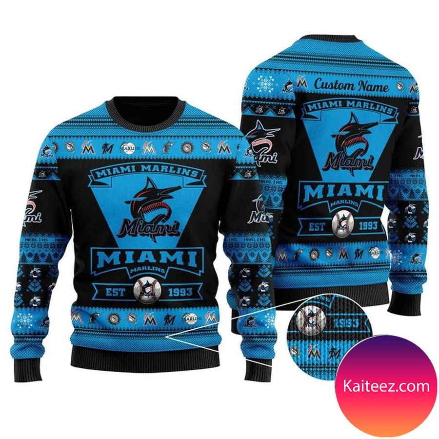 Miami Marlins Football Team Logo Custom Name Personalized Christmas Ugly Sweater