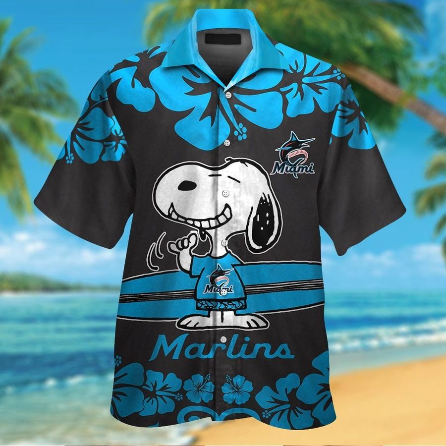 Miami Marlins Snoopy Short Sleeve Button Up Tropical Aloha Hawaiian Shirts For Men Women
