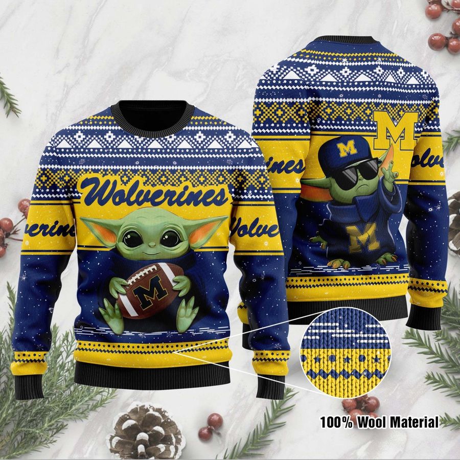 Michigan Wolverines Grogu Baby Yoda Hug Logo Ugly Christmas Sweater