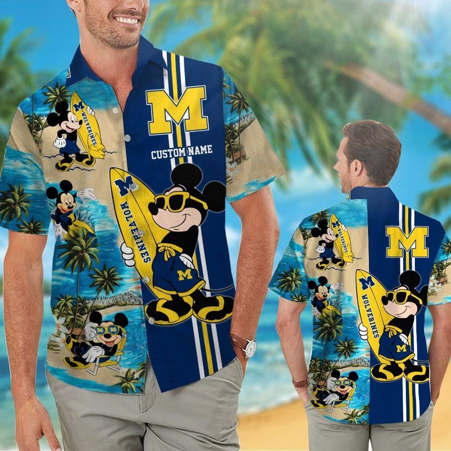 Michigan Wolverines Mickey Custom Name Short Sleeve Button Up Tropical Aloha Hawaiian Shirts For Men Women University Of Michigan