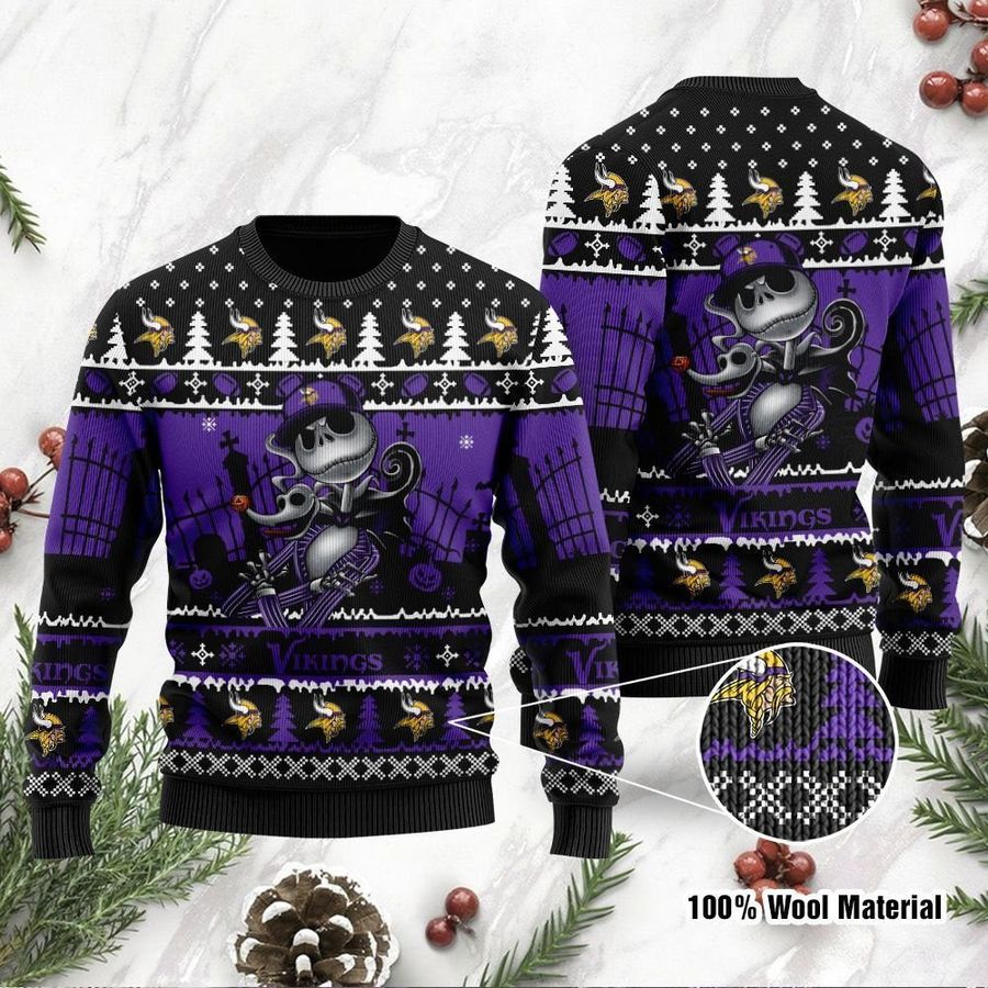 Minnesota Vikings Jack Skellington Halloween Ugly Christmas Sweater Ugly Sweater