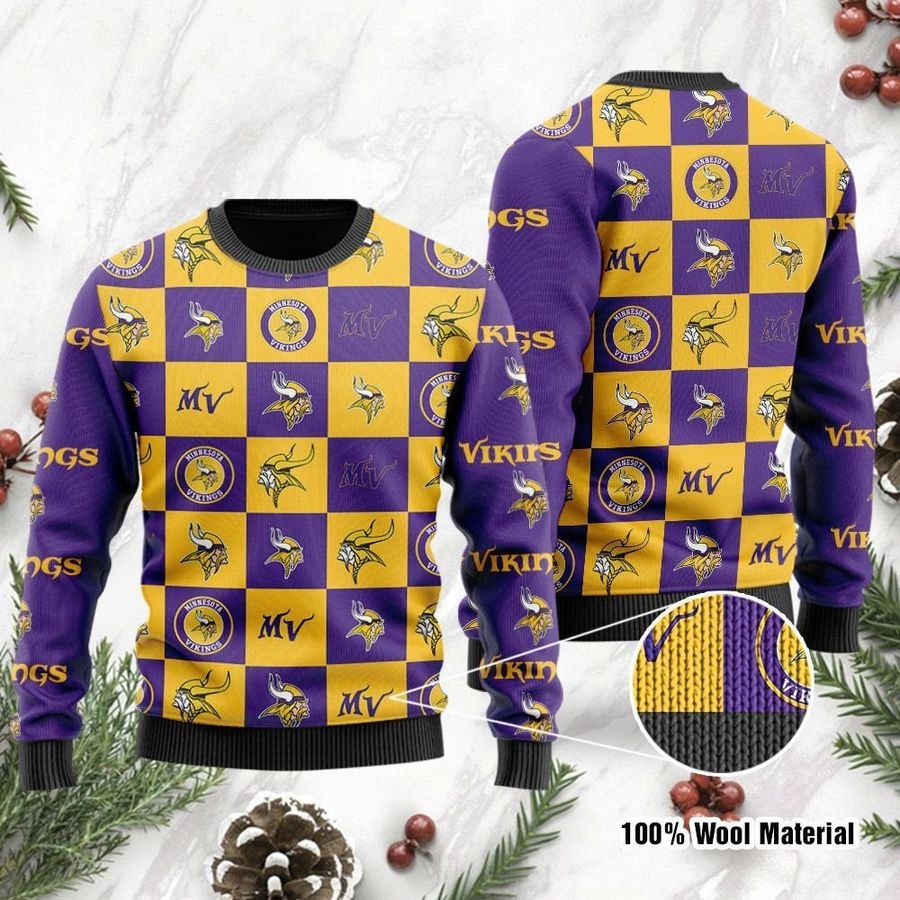 Minnesota Vikings Logo Checkered Flannel Design Ugly Christmas Sweater Ugly