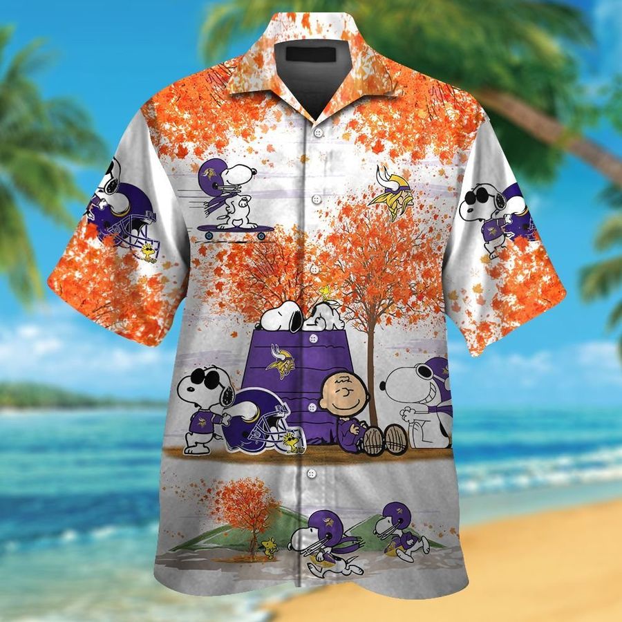 Minnesota Vikings Snoopy Autumn Short Sleeve Button Up Tropical Aloha Hawaiian Shirts For Men Women