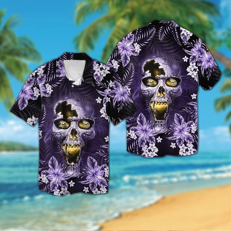 Minnesota Vikingsskull Short Sleeve Button Up Tropical Aloha Hawaiian Shirts For Men Women