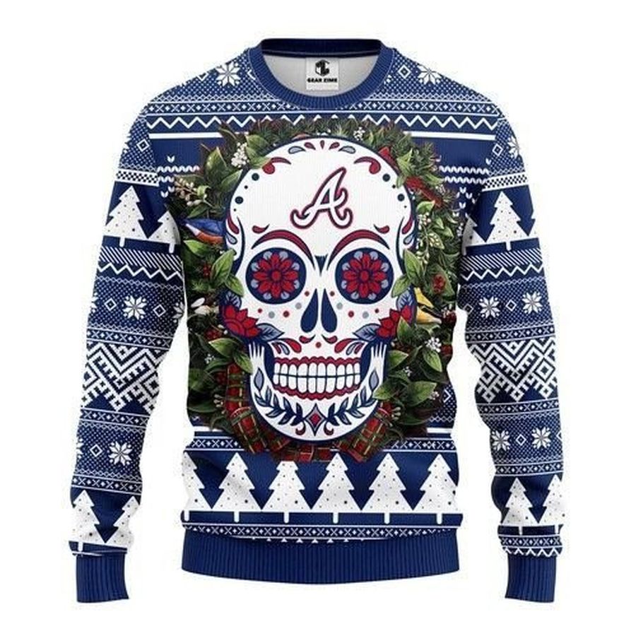 Mlb Atlanta Braves Skull Flower Ugly Christmas Sweater All Over