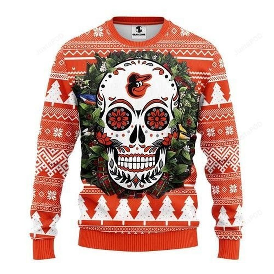 Mlb Baltimore Orioles Skull Flower Ugly Christmas Sweater All Over