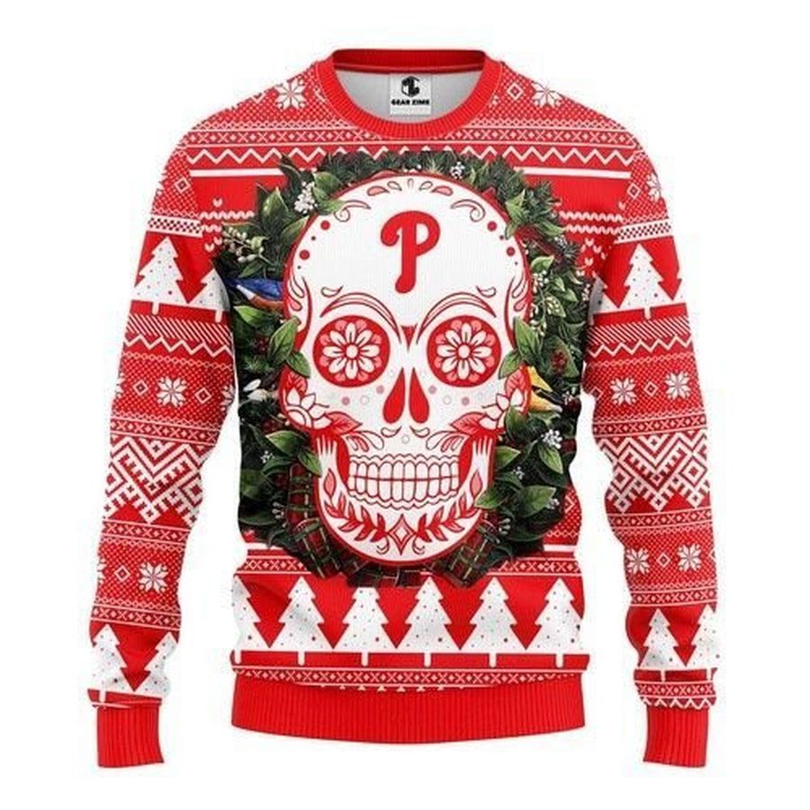 Mlb Philadelphia Phillies Skull Flower Ugly Christmas Sweater All Over