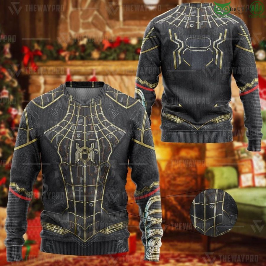 Movie Superhero Spiderman No Way Home Black And Gold Custom Imitation Knitted Ugly Sweater