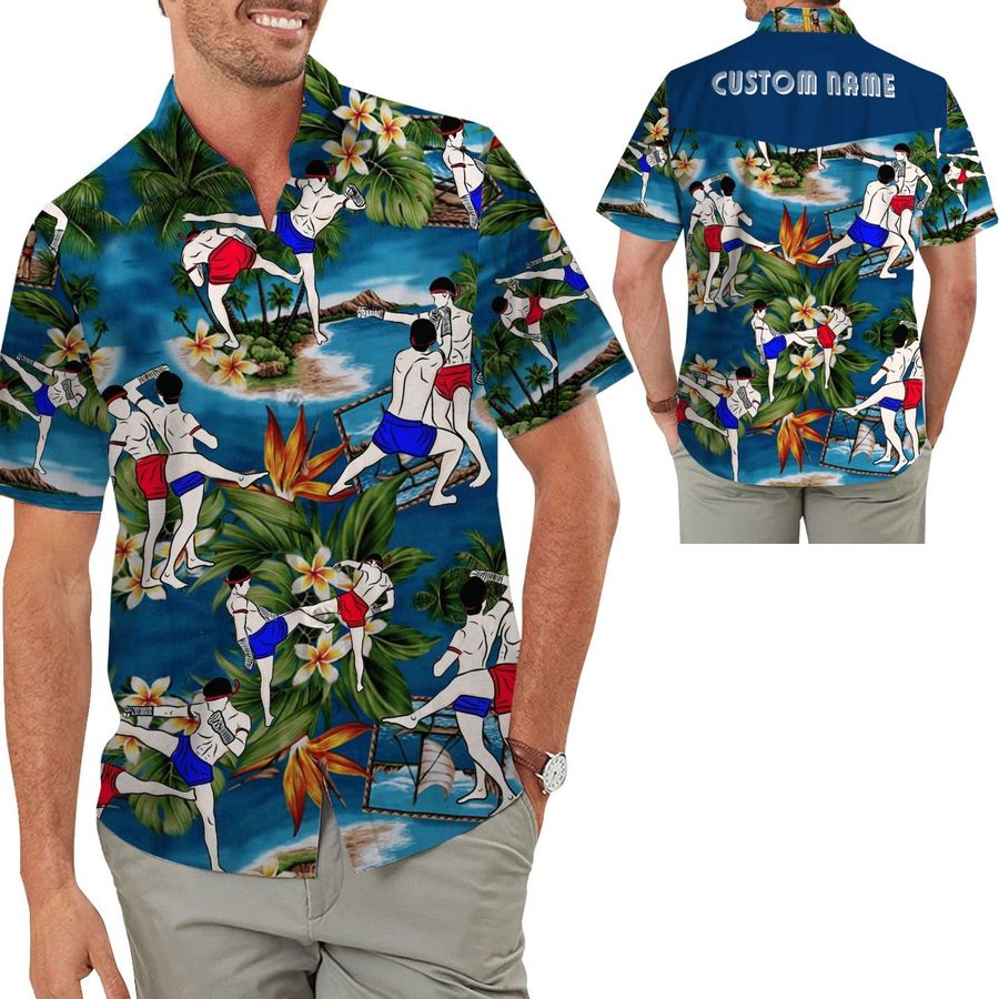 Muay Thai Image Tropical Floral Aloha Custom Name Personalized Gifts Men Button Up Hawaiian Shirt For Martial Art Lovers
