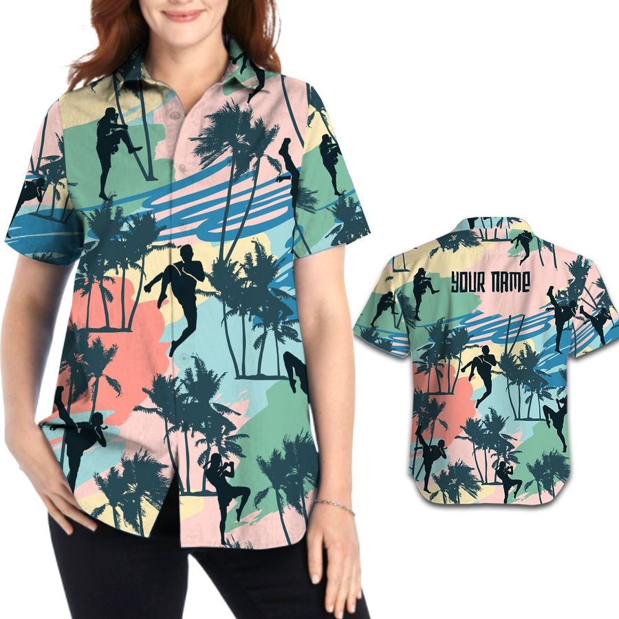 Muay Thai Tropical Coconut Trees Aloha Custom Name Women Button Up Hawaiian Shirt Personalized Gifts For Martial Lovers