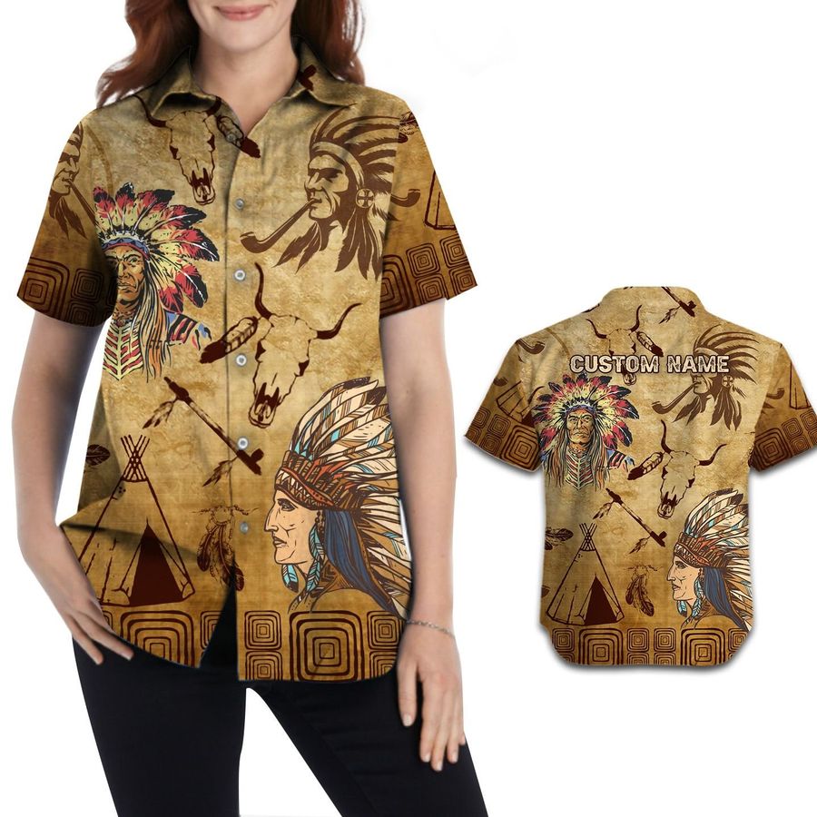 Native American Symbol Pattern Feather Hat Custom Name Personalized Women Button Up Hawaiian Shirt For American Indian
