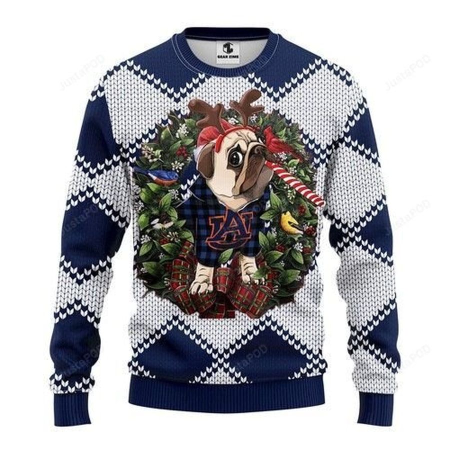Ncaa Auburn Tigers Pug Dog Candy Cane Ugly Christmas Sweater