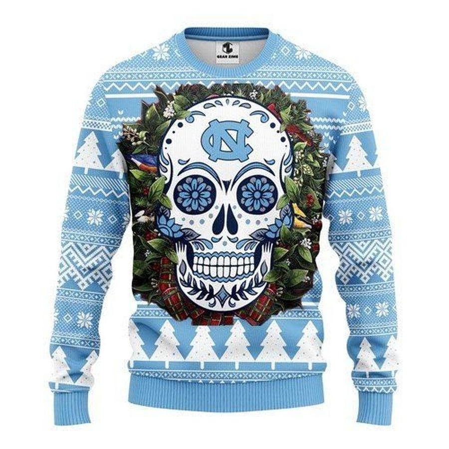 Ncaa North Carolina Tar Heels Skull Flower Ugly Christmas Sweater