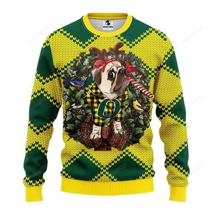 Ncaa Oregon Ducks Pug Dog Candy Cane Ugly Christmas Sweater
