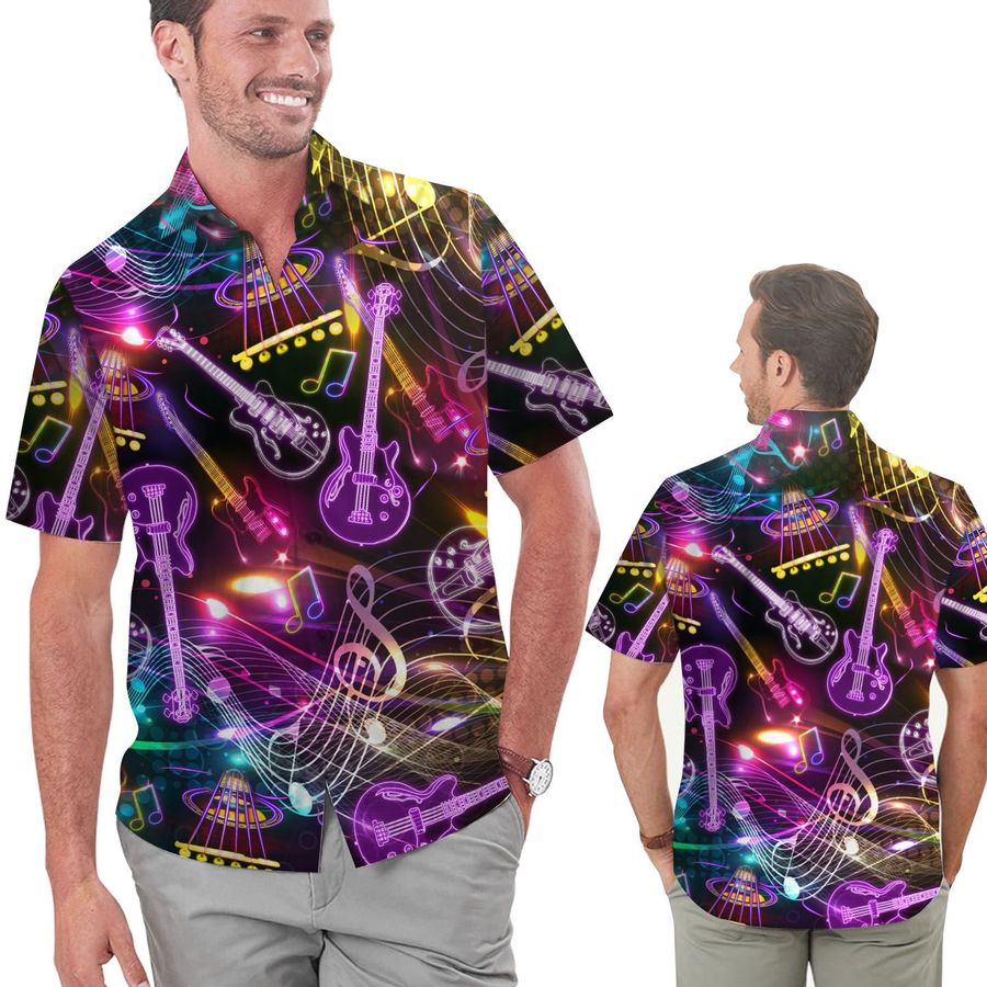 Neon Guitar Music Staves Men Hawaiian Shirt For Guitarists In Daily Life