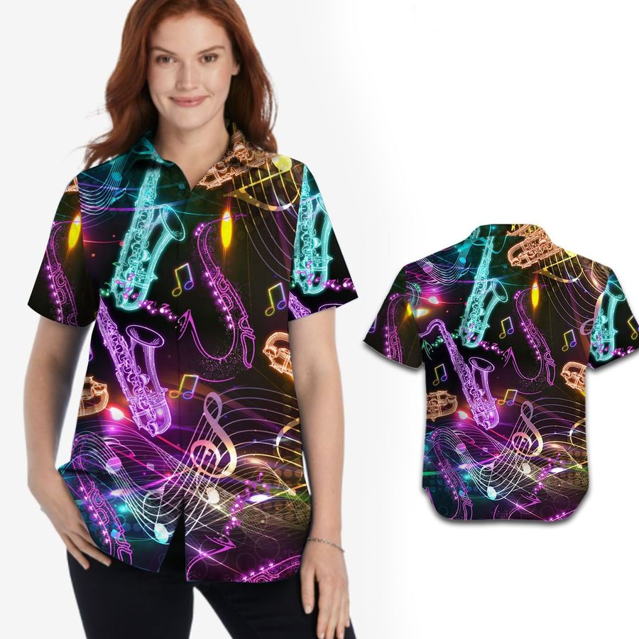 Neon Saxophone Music Staves Women Hawaiian Shirt For Saxophonists In Daily Life