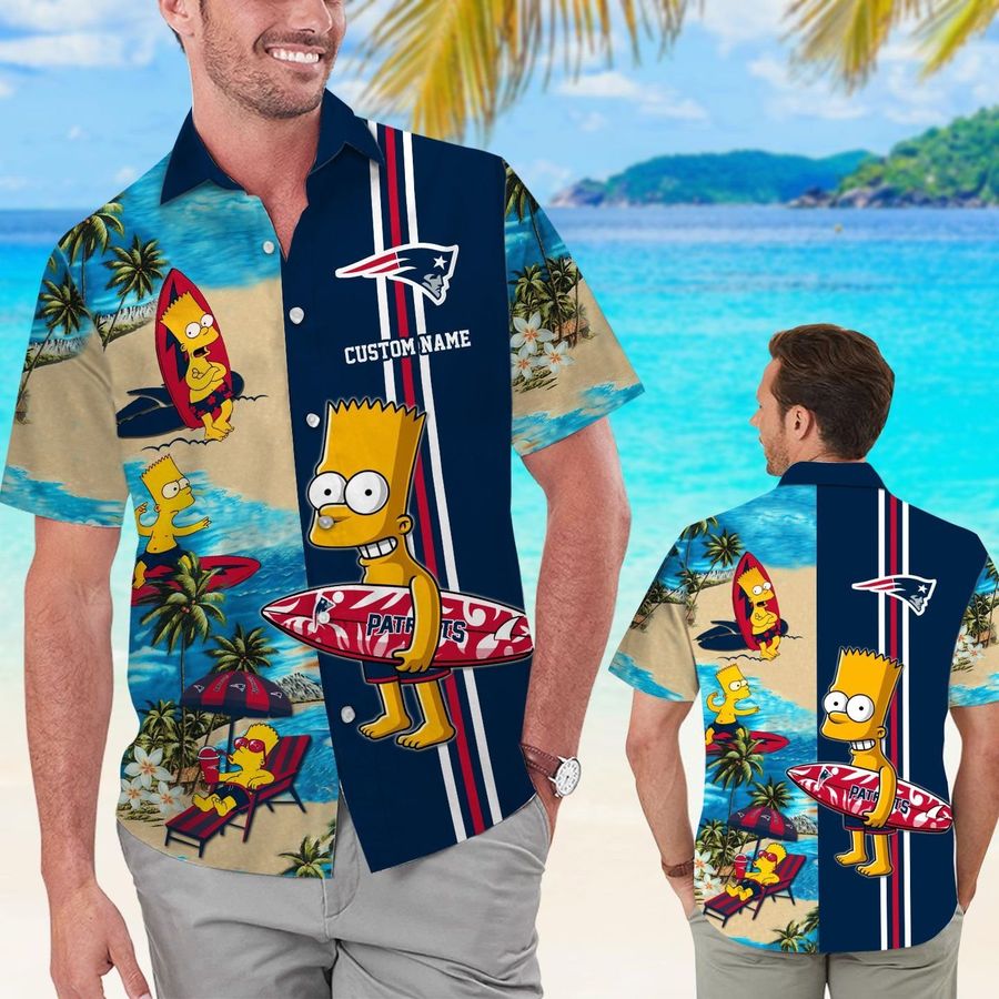 New England Patriots Simpsons Custom Name Short Sleeve Button Up Tropical Aloha Hawaiian Shirts For Men Women