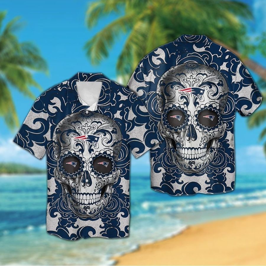 New England Patriots Sugarskull Short Sleeve Button Up Tropical Aloha Hawaiian Shirts For Men Women