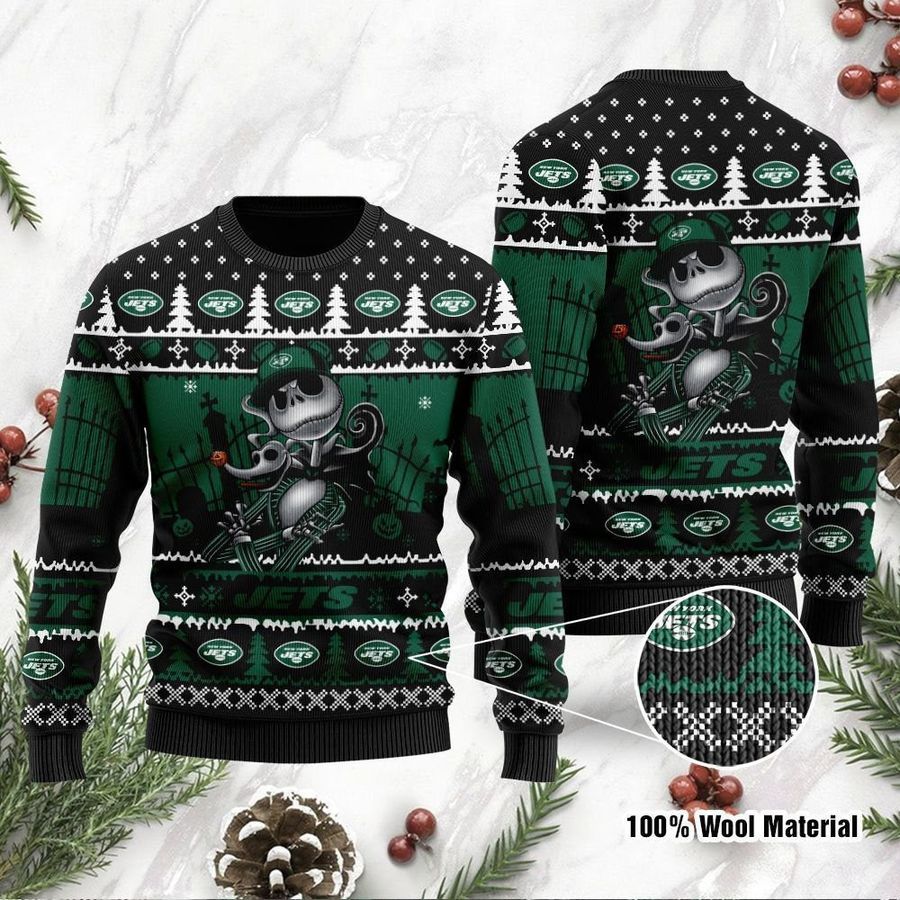New York Jets Jack Skellington Halloween Ugly Christmas Sweater Ugly