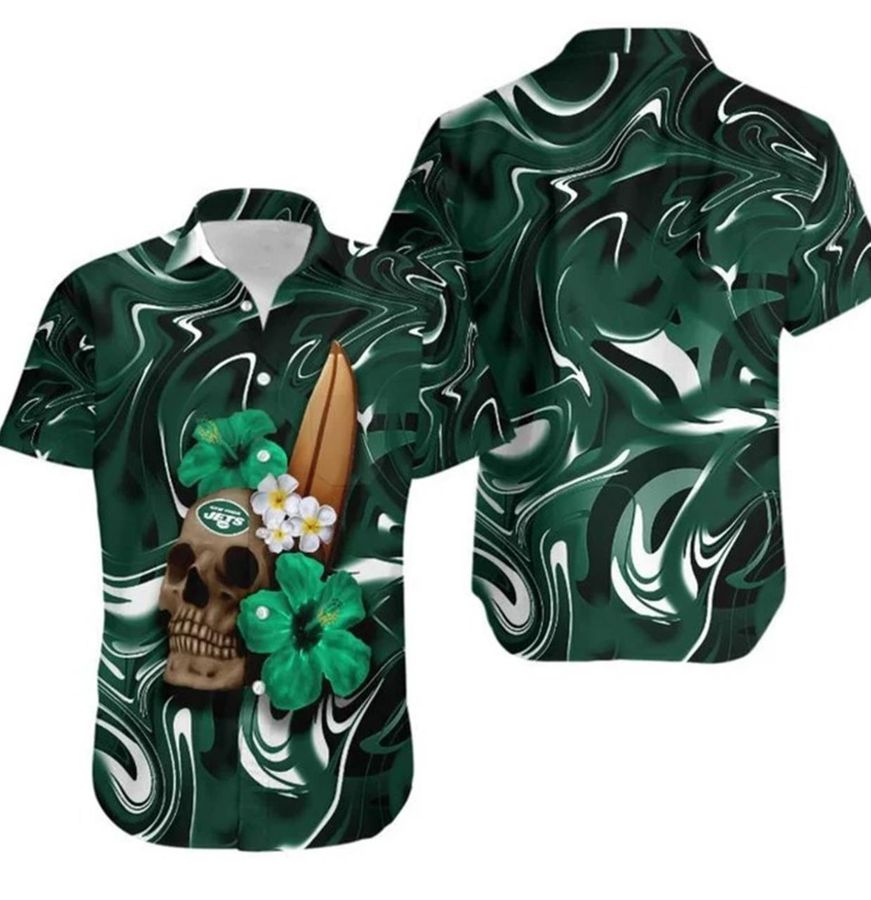 New York Jets Skull And Hibiscus Flower Gift For Fan Hawaiian Shirt