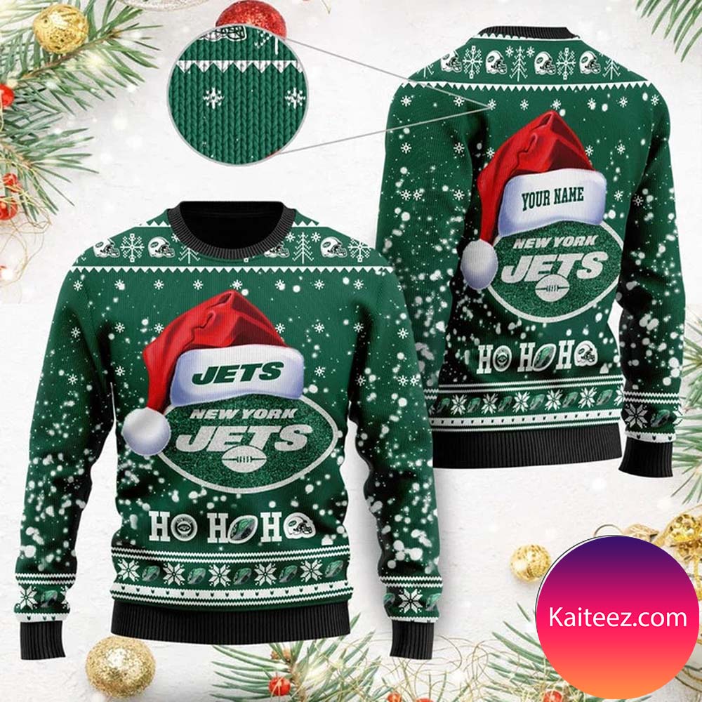 New York Jets Symbol Wearing Santa Claus Hat Ho Ho Ho Custom Personalized Christmas Ugly Sweater