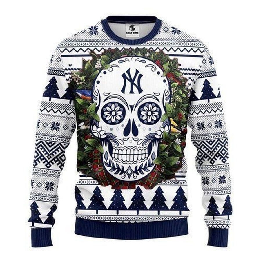 New York Yankees Skull Flower Ugly Christmas Sweater All Over
