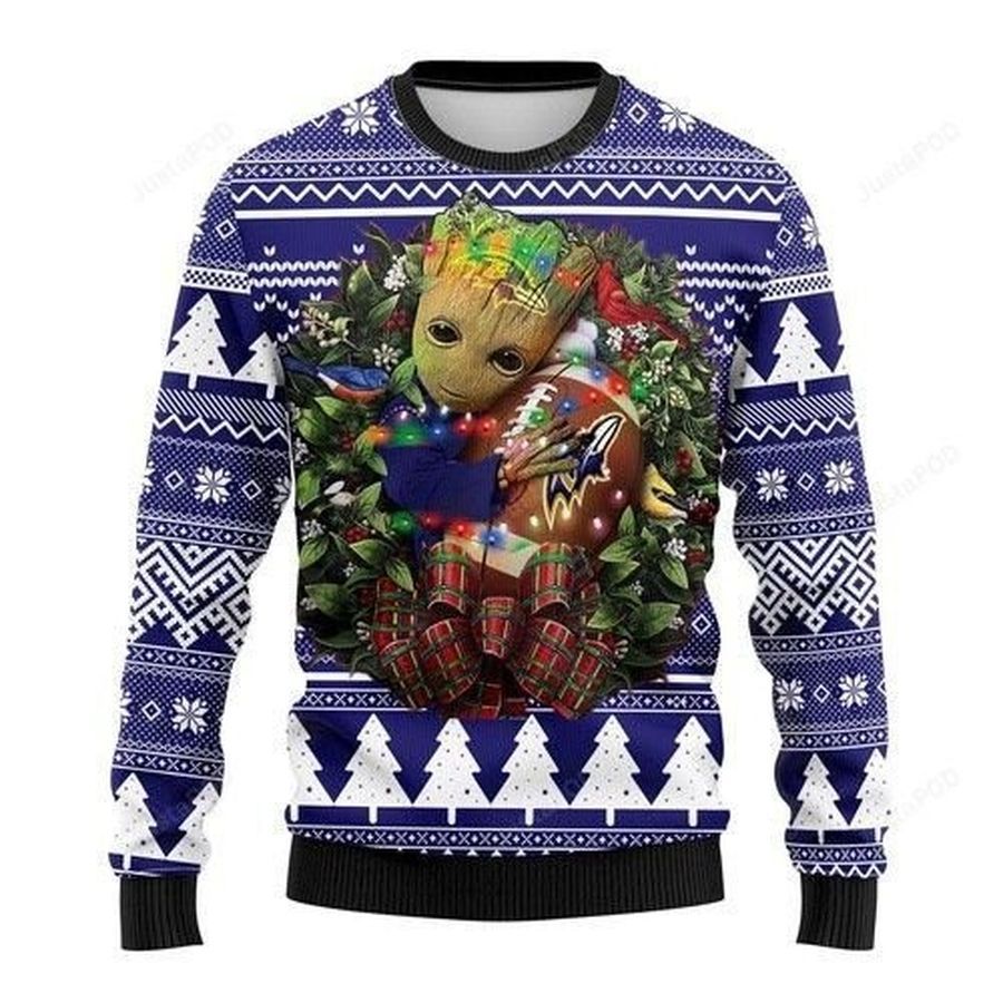 Nfl Baltimore Ravens Groot Hug Ugly Christmas Sweater All Over