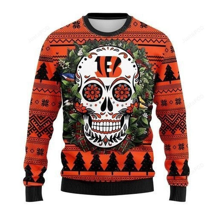 Nfl Cincinnati Bengals Skull Flower Ugly Christmas Sweater All Over