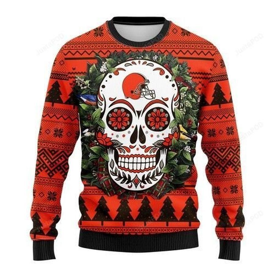 Nfl Cleveland Browns Skull Flower Ugly Christmas Sweater All Over